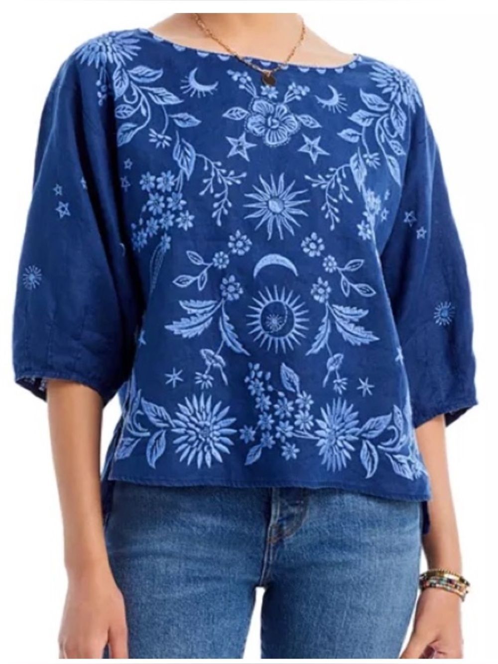 Johnny Was New linen Oleander Boatneck embroidered Top